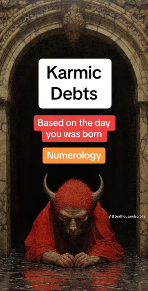 The image showcases a surreal, gothic scene. A devil-like figure with horns and a red robe kneels inside a stone arched doorway. Above, text reads "Karmic Debts," with additional text boxes saying "Based on the day you was born" and "Numerology." The overall composition is dark with a focus on the central figure and symbolic text overlays.
