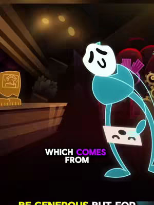 An animated character in a teal glow is bent over, holding a card with a sad face on it. Text overlays read 'WHICH COMES FROM' and 'BE GENEROUS BUT FOR'. The background is a dark, stylized interior with architectural elements.