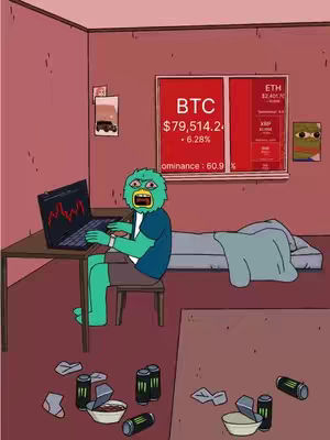 An image depicting a cartoon character in a messy room, appearing to be a trader, with a laptop displaying a stock chart, a sign showing Bitcoin prices, and empty energy drink cans scattered around. The character has a bird-like head with a surprised expression.