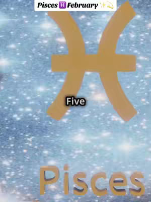 The cover image showcases a starry, blue-purple gradient background. Overlayed are the Pisces symbol in a light brown color, the word 'Five' in a black box, and the word 'Pisces' in larger, light-brown, 3D-style font. A smaller text at the top reads 'Pisces February'.