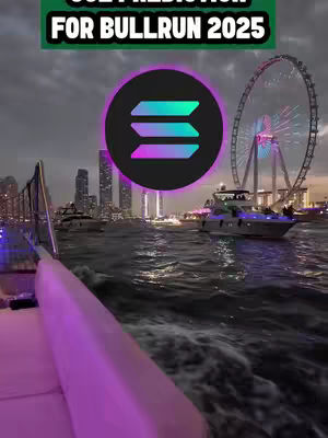 The cover image shows a nighttime cityscape with skyscrapers and a brightly lit Ferris wheel. In the foreground is a boat, and in the center an emblem for the cryptocurrency Solana is featured. Overlaid at the top is a green banner with white text promoting the video's content.