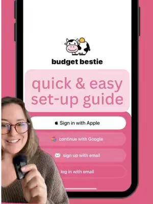 A woman with glasses smiles and holds a microphone, with a phone displaying an app interface in the background. The app screen shows a pink and white interface with a logo and text overlay. The frame is contained inside a smartphone frame.