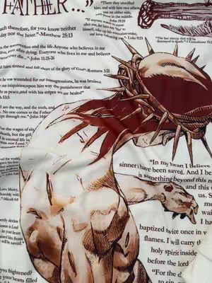 The image is a stylized depiction of Jesus, rendered in a semi-realistic, comic-book style. He is depicted from the torso up, with visible musculature suggesting a physique. He wears a crown of thorns, and the upper part of his body is presented against a backdrop filled with handwritten biblical verses. Parts of his body appear in a lighter skin tone, while other parts are in a darker shade. The background text is in black, with the overall visual composition being a blend of religious imagery and a modern aesthetic.