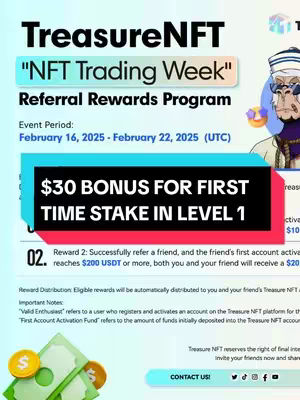 The cover image is a promotional graphic for TreasureNFT's "NFT Trading Week" and "Referral Rewards Program". It features the TreasureNFT logo and details about the event, including the event period displayed: February 16, 2025 - February 22, 2025 (UTC). A prominent headline with a turquoise background announces a bonus offer of "$30 BONUS FOR FIRST TIME STAKE IN LEVEL 1." There is also text and a graphic of money with other details. A cartoon character is present in the top right corner with a sailor hat and sunglasses. The overall design is a mix of text and graphic elements, with a bold layout.