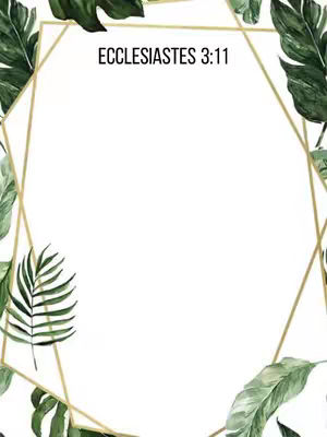 A minimalist image featuring a white background, a gold geometric frame, and watercolor-style green leaves. The text 'ECCLESIASTES 3:11' in black font is placed at the top within the frame.