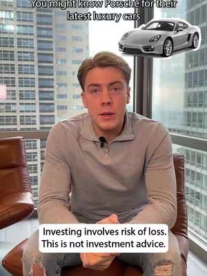 A man in a grey sweater sits in front of a window with a city view, with a Porsche car graphic. Text overlays add information and disclaimer.