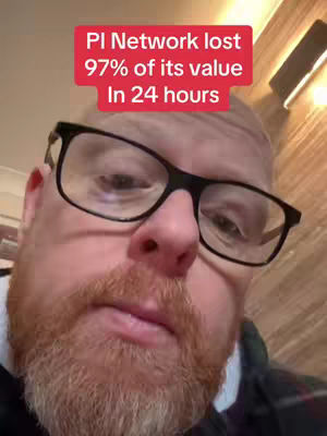 A close-up shot of a man with glasses and a red beard. A red banner at the top has white text that reads, "PI Network lost 97% of its value In 24 hours". The background is blurred.