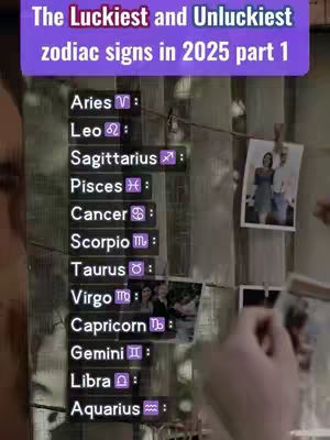 The image is a vertical shot featuring a purple banner overlayed with text: The Luckiest and Unluckiest zodiac signs in 2025 part 1. Below this, a list of zodiac signs with their respective symbols is displayed. The names and symbols are listed within black background boxes. To the right, there is a string or a cord where some printed images are attached. The background is partially blurred, suggesting an outdoor or natural setting.