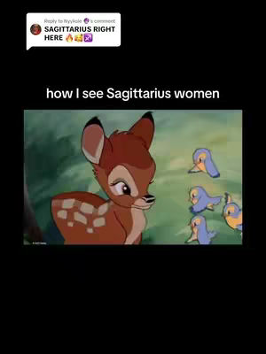 The image shows a screenshot from the Disney film Bambi, with Bambi looking to the side. A text overlay at the top says 'how I see Sagittarius women'.