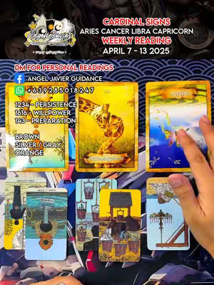 The image is an advertisement for a weekly tarot card reading. It's a vibrant layout featuring several tarot cards arranged in a horizontal and vertical pattern on a dark blue and purple patterned background. The top of the image has text overlay including “CARDINAL SIGNS” and “WEEKLY READING” in a white stylized font for emphasis. Below these headings, there are the names of the zodiac signs. The center includes several decks of tarot cards, with images and numbers are visible on some of the card faces, and a hand is partly visible pointing to some cards. Additional overlaid text at the top provides contact information, including a phone number and a Facebook link. The overall composition is well-organized, and uses a gold color scheme to separate the text.