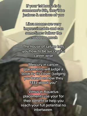 A close-up shot of a man wearing a black hoodie, partially obscuring his face, with text overlays about astrology overlaid. The background is a light-colored, patterned wall.