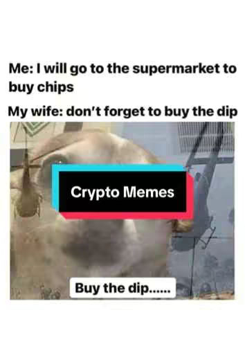 A meme image with text overlay, depicting a humorous scenario related to buying cryptocurrency. The background features a blurred image of a dog or bear, with text overlayed in multiple areas. The image composition is a typical internet meme format. The focus is on the text and the humorous message, colors are plain