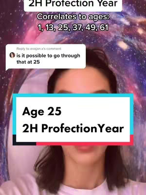 A woman is centered in the frame, slightly from the chest up, with text overlays. The background appears to be a blurry galaxy or cosmic pattern. The woman has dark hair and is wearing a white top. Overlaid text includes a speech bubble with a comment on the left, and a banner stating 'Age 25 2H Profection Year' across the lower center.