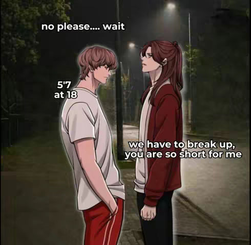 An illustrated image depicts two young men in a dimly lit outdoor setting, likely at night. The foreground features a man in a white t-shirt and red athletic pants with white stripes, his hands in his pockets, looking down. Behind him, to the right, stands another man in a red jacket over a white shirt, looking down at the first man and speaking. Text overlays add dialogue. The scene has a slightly melancholic vibe, enhanced by the dim lighting.