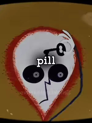 The image is an illustration of an abstract face within the shape of a teardrop, against a light brown or tan backdrop. The face is stylized, with large black circles indicating eyes, a thin black line representing the nose, and a simplified mouth. The head is white, and the outer edge is lined with red. A key is positioned above the head, with the key's keyhole section attached to the head and its handle angled towards the right. The word 'pill' is superimposed over the image in a white, sans-serif font.