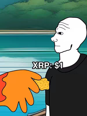 An animated image featuring a meme referencing XRP cryptocurrency. The artwork depicts a person characterized by a pale face and a simple facial expression, receiving a snack from a hand with a bright orange sleeve, set against a blurred background. Text overlayed on the image says 'XRP: $1'.