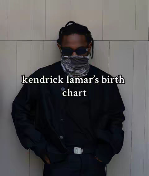 The cover image shows a medium shot of a man, presumed to be Kendrick Lamar, wearing black sunglasses, a patterned face covering and a black jacket. Text overlayed reads, 'kendrick lamar's birth chart'. He stands against a muted wall, appearing in the center of the frame.