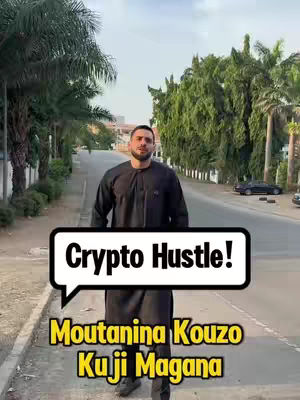 A man stands in the middle of a road, facing the camera. Above him is a text bubble with the words "Crypto Hustle!". Below him is a yellow text that reads "Moutanina Kouzo Kuji Magana". The background shows a road with trees on both sides.