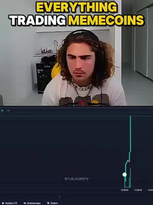 The cover image shows a young man in front of a screen displaying a graph. The man is wearing a white t-shirt and headphones. Text overlays state "EVERYTHING TRADING MEMECOINS". A graph is shown in the bottom with a sharp upward spike. The man is looking at the camera with a concerned expression.
