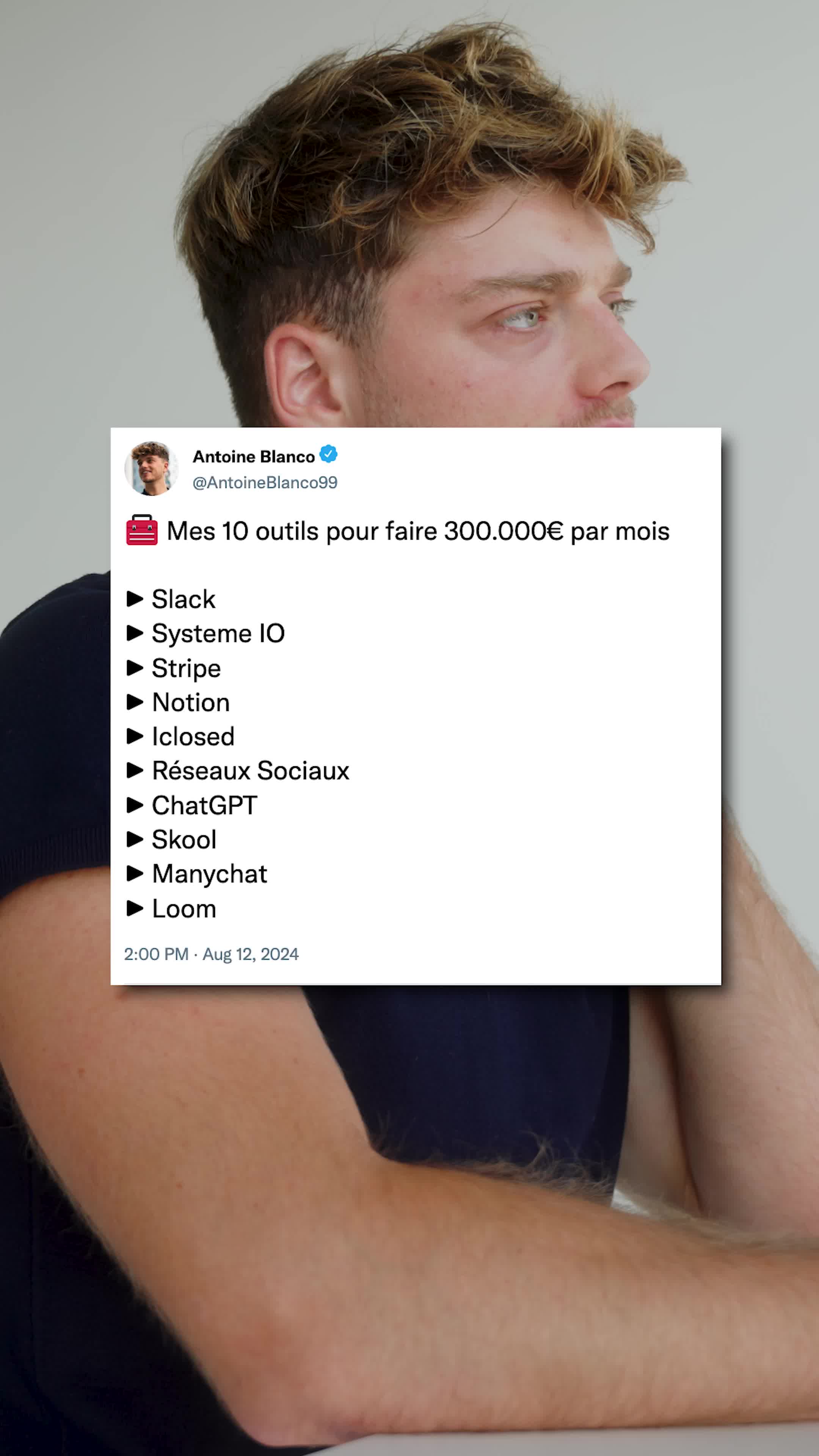 The cover image shows a man's face on the right side, with his gaze directed towards the left and up. He has light brown hair and a pale complexion. Overlayed on the image is a Twitter-style post. This post lists ten tools, with a brief overview of the video's content.