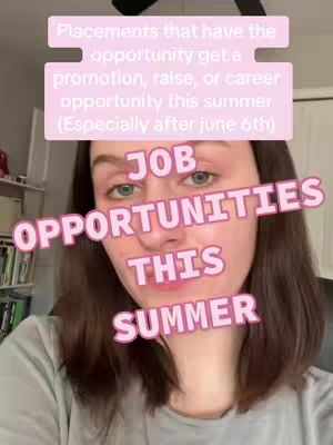 A woman looks directly at the camera with overlaid text in pink, set against a blurred background. The text includes 'Job Opportunities This Summer' and additional details about promotions and career opportunities.