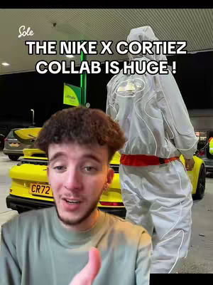 The cover image is a selfie-style shot featuring a young man in front of a yellow sports car in a gas station setting. A person in a white outfit is seen standing next to the car. The man is looking at the camera, smiling and shows a thumbs up. The background features a gas station with blurred elements. Text overlay stating "THE NIKE X CORTIEZ COLLAB IS HUGE!" is present. The overall composition is dynamic, with bright colors.