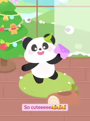 An animated panda character holding a pink envelope, standing on a green, mossy mound in front of a Christmas tree. The tree is decorated with ornaments. The background shows a window with a blurred view. Text overlay at the bottom reads 'So cute' with emojis.