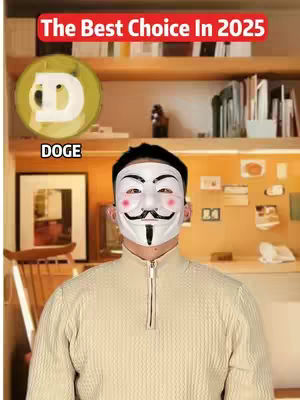 The cover image shows a person wearing a Guy Fawkes mask standing in front of a cluttered background with shelves, books, and various decorations. A golden coin graphic with the Doge logo sits on the left, while the text 'The Best Choice In 2025' is written at the top.