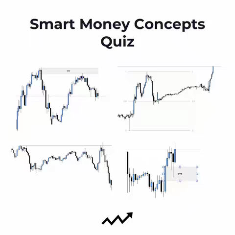 The cover image is a white background with the text "Smart Money Concepts Quiz" at the top, written in a bold, black font. Below this, there are four smaller images, each displaying a different line graph representing what appears to be a stock chart. The lines are in black and blue and the overall image has a graphic design. At the bottom, there is a black, upward-pointing arrow composed of line segments.