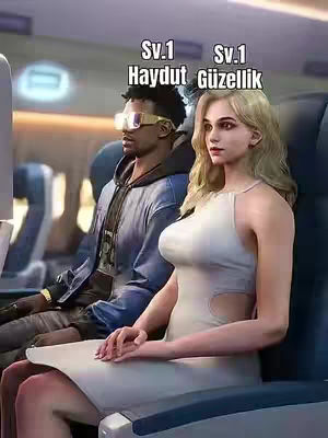 An AI-generated image depicts two people seated in an airplane. The man, on the left, wears futuristic-looking sunglasses and a jacket with a hoodie underneath. The woman, on the right, is wearing a white dress, looking towards the viewer. The background subtly shows the interior of a plane. Text overlays are situated above them in the style of a video game HUD.