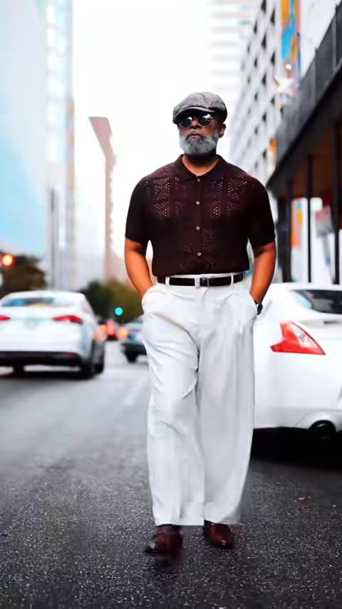 An older Black man in stylish attire walks down a city street with buildings and cars blurred in the background. He wears a dark brown patterned shirt, white pants, and a dark cap, with his hands in his pockets. The composition emphasizes his confident stride.