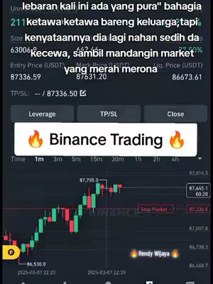The cover image shows a phone screen displaying a trading chart. The top half has text in Indonesian, while the bottom has a trading chart in green and red. A Binance Trading logo with flames is over the price chart.