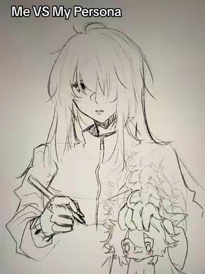 A black and white sketch of a person holding a pen in their right hand, appearing to be drawing or writing, and another cartoon-like figure held in the left hand. Text overlay at the top in a handwritten font.