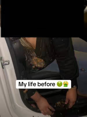 The image shows a person seated in a car, their front covered in an unknown substance, possibly food or vomit, hinting at an unpleasant experience. Text overlay emphasizes 'My life before' with emojis.
