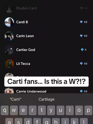 The cover image shows a mobile interface, presumably TikTok, with a black background. A question overlayed reads, 'Carti fans... Is this a W?!?' Below, different users and their associated profile pictures are visible. A keyboard is shown at the bottom, likely used for searching.