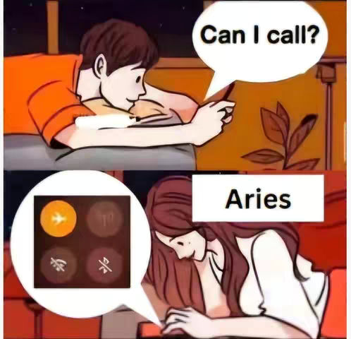 A two-frame cartoon image. The top frame shows a person with brown hair lying on a bed and looking at a phone, a speech bubble saying "Can I call?". The bottom frame shows a woman with long, dark hair also looking down at a phone, captioned "Aries".