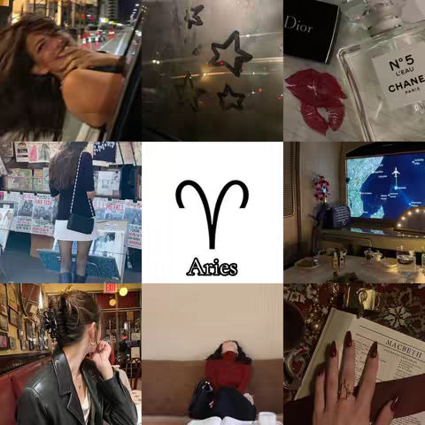 A collage featuring various aesthetic images. A woman leans out of a car window, smiling with her hair blowing. In the top right, there's a perfume bottle and red lipstick marks, and the word 'Dior' is visible. There's a sign and a graphic of Aries Zodiac.