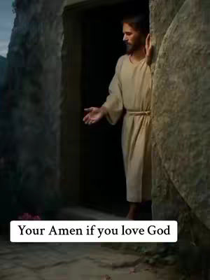 The image shows a representation of Jesus emerging from what appears to be a tomb. The figure of Jesus stands in white robes, the tomb opening is dark. The overall tone seems reverent and the composition is centered around the visual of Jesus as the central figure.