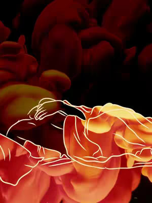 An abstract image with a predominantly warm color palette. The background is a blend of reds and oranges, with darker, more obscure shapes suggesting depth. Overlaid on this is a white outline of a person lying down, their form softly defined with continuous lines that create a sense of movement and fluidity and overall has a very artistic and intimate feel.