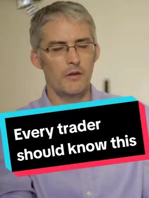A man wearing glasses and a purple shirt is looking down slightly, with text overlayed on a black and teal background, stating "Every trader should know this."