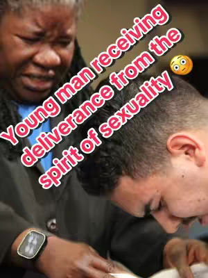 The cover image depicts a man with dark hair, eyes closed, and head bowed, possibly in prayer. A woman with dark skin and short hair is close, her face showing concern. Text overlays in a circular fashion read, "Young man receiving deliverance from the spirit of sexuality" with a surprised emoji.