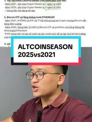 A man is speaking with text overlayed on a square-shaped background, with a summary of cryptocurrency info and an overlay that contrasts two altcoin seasons.