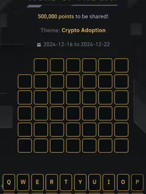Screenshot of the 'Word of the Day' game from Binance, showcasing the game interface. The layout features a grid of letter squares, the word to be guessed, and a button row with letter keys. The color scheme is dark with gold accents.