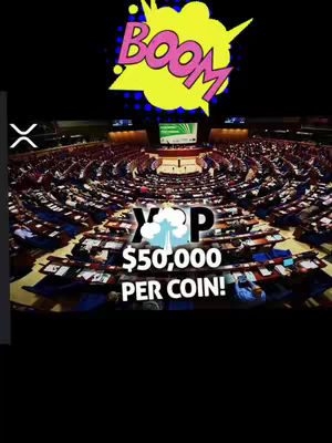 The cover image features a large auditorium or assembly hall filled with people. A central screen is visible at the front, and a cartoonish "BOOM" graphic is placed at the top. The text overlay reads "XRP $50,000 PER COIN!" with an explosion effect added, suggesting a prediction or speculation about the cryptocurrency.