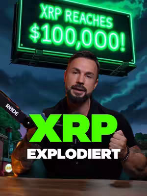 A man in a black shirt with a microphone held in his hand, in front of a green neon sign that says 'XRP Reaches $100,000!'. Below him, large green text reads 'XRP EXPLODIERT'. The background is dark with a blurred image.