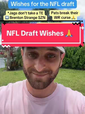 A man smiles at the camera with a blue rectangular box above his head that reads "Wishes for the NFL draft". In the background, text is overlaid to describe football draft wishes.