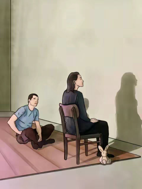 An artistic illustration depicts two individuals in a sparse, indoor setting. The foreground features a man seated on the floor with his legs extended, looking up at the other side. Behind him, a woman is seated in a wooden chair, her back to the viewer; the only visible features are her side profile and long hair. A small stuffed animal is at her feet. A shadow on the wall mimics the woman's side profile. Soft, muted colors dominate the scene, with a focus on neutral tones and subtle shading.