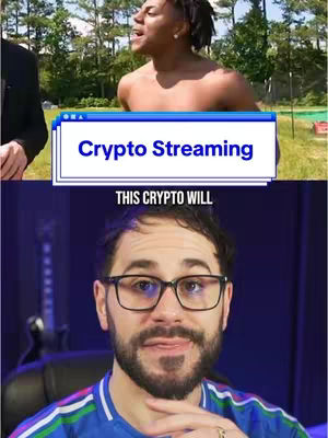 The cover image is split into two sections. The top half shows a man with no shirt looking excited, possibly outdoors. A text overlay reading 'Crypto Streaming' is positioned over the man and the background. The bottom half features a man with glasses looking directly at the camera, suggesting a direct address to the viewer.