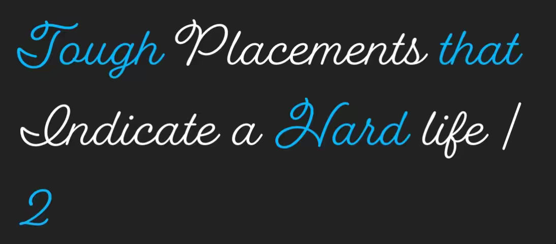 The cover image features text on a black background. The text is displayed in a stylized, cursive font, with words in white and turquoise colors. The text creates a title: 'Tough Placements that Indicate a Hard life / 2'. The overall composition is simple and text-focused.