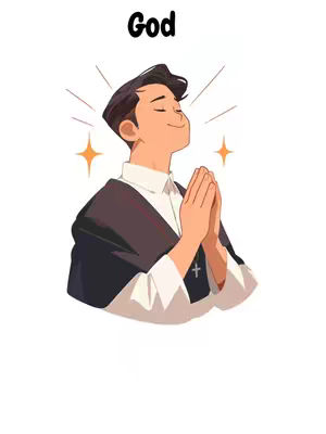 An illustration of a man with short dark hair, dressed in a white shirt, black vestment and holding his hands together in prayer, gazing upwards with a serene expression. Above him and aligned with the top of the image, is the word 'God' in bold, black font. Two star-shaped accents are placed on either side of his head, with white background.